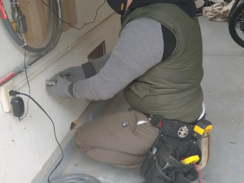 Electrician performing outlet wiring in a Visalia garage